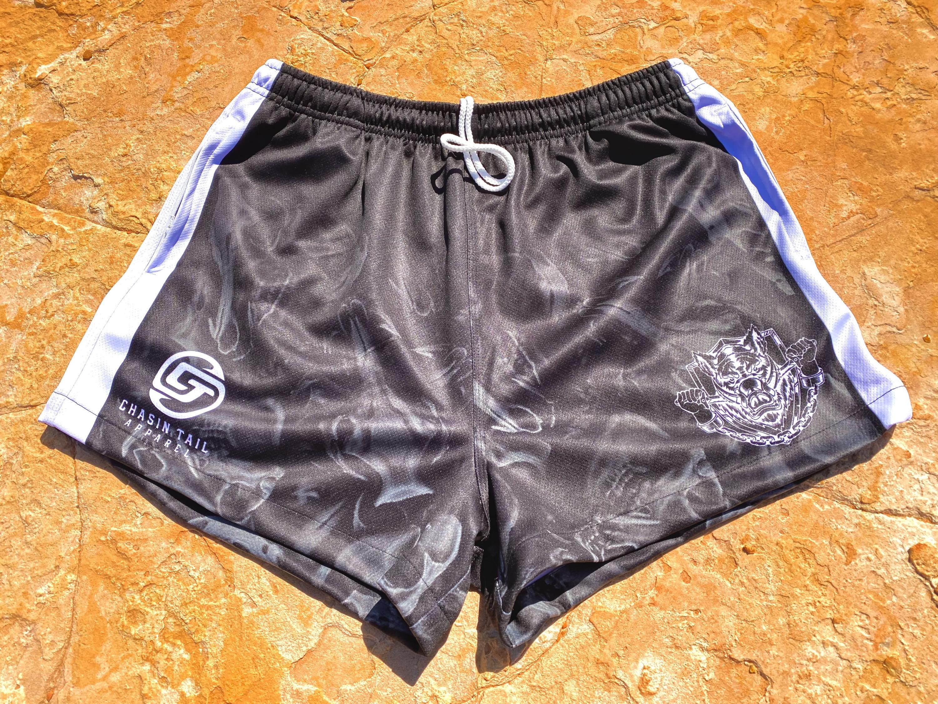 Chasin Tail -  Pig Skull Footy Shorts - Complete With Pockets And Zipper.